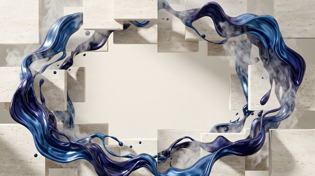 Premium commercial backdrop of cream travertine stone surface transformed into dynamic interlocking floating slabs with surging deep cobalt and indigo blue chrome metallic fluid