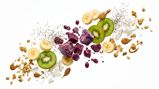 Dynamic action photo of deconstructed acai bowl ingredients with frozen acai cubes, sliced kiwi, banana, granola, and chia seeds floating in mid air on pure white background