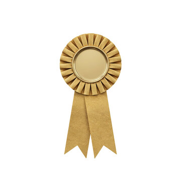 Gold award rosette ribbon. Shiny prize badge for competition winner isolated on white.