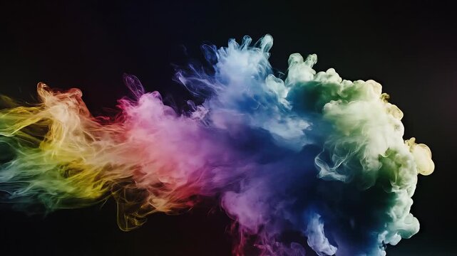 Colorful smoke cloud in vibrant rainbow hues on black background with artistic swirling patterns and abstract motion