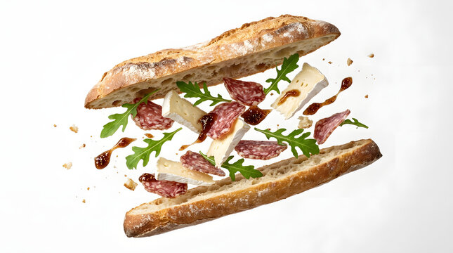 Dynamic action photo of deconstructed French baguette sandwich with floating crusty bread, brie cheese, salami, arugula, and jam droplets in mid air on pure white background