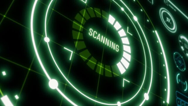 A sci-fi military-style analytical radar HUD screen with perspective, glowing in green and blue