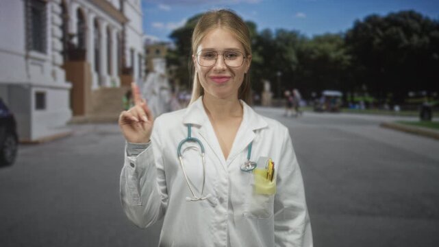 Woman doctor in white coat with stethoscope points index finger on street outside institutional building; calm reassurance.