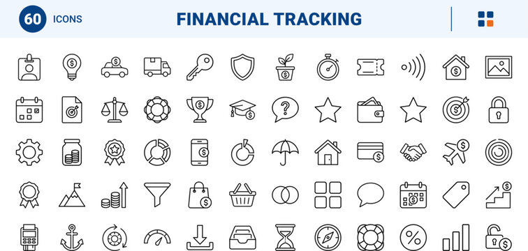 Savings Goal App Icons line icon set. Vector pictograms of banking, investment, planning, and interface elements, thin linear illustration.