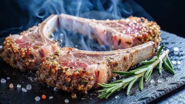 Juicy Lamb Chops with Rosemary Perfectly cooked lamb chops seasoned with herbs and spices emit steam as they rest on a dark slate accented by fresh rosemary and coarse sea salt