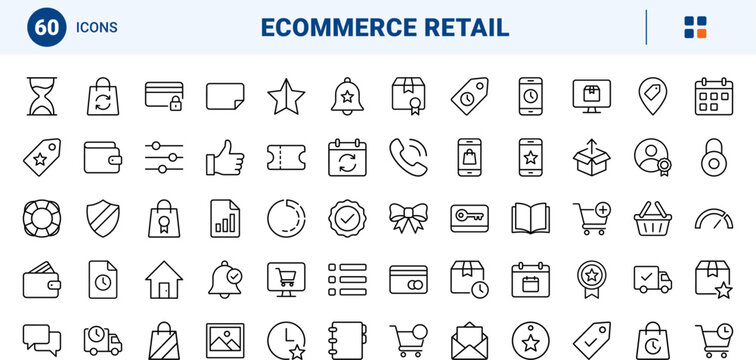 E-commerce preorder line icon set. Vector pictograms of shopping, product, retail, and delivery elements, thin linear illustration.
