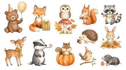 Obraz premium Adorable forest friends with cozy fall party elements watercolor collection. Collection of Vector illustrations for invitation, card, poster, banner, decoration