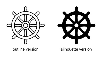 Ship Wheel Icons: Two distinct ship wheels are presented, one as a clear outline and the other as a bold silhouette, offering versatile design options for nautical or maritime themes. © Mohammad