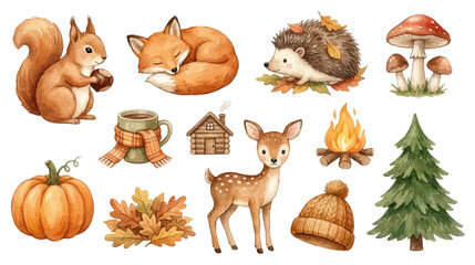Obraz premium Cute fall nature watercolor collection for cozy seasonal projects and nursery decor. Collection of Vector illustrations for invitation, card, poster, banner, decoration