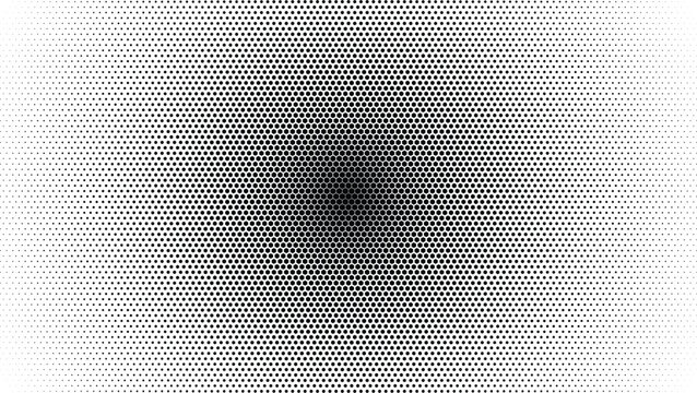 Black and white halftone dot pattern with a dense central radial gradient, featuring circular shapes on a clean white background texture