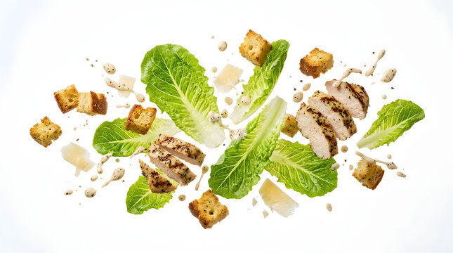 Dynamic action photo of deconstructed chicken Caesar salad with floating romaine lettuce leaves, grilled chicken breast, crunchy croutons, parmesan cheese, and dressing splash on pure white background