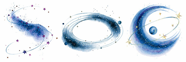 Abstract watercolor galaxies, planets, and stars forming a set of cosmic elements with swirling orbits and nebulae, illustrating a sense of universal wonder © Mari