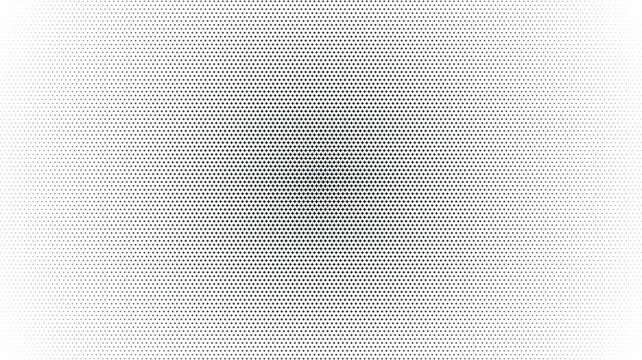 Black and white halftone dot pattern with a radial gradient effect, featuring small circular shapes transitioning from dense center to sparse edges