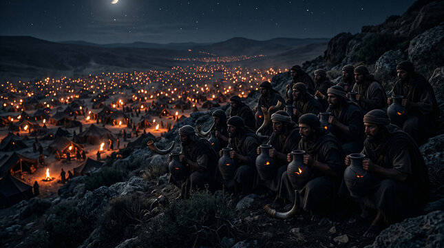 Gideon and his 300 men holding glowing torches hidden inside large clay pitchers, ready to ambush the Midianite camp at night
