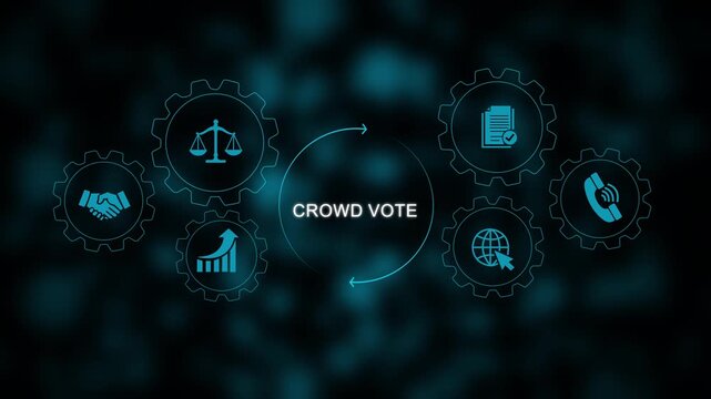 Crowd vote concept with rotating business gear and digital network interface animation strategy technology