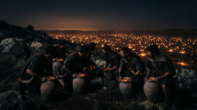 Gideon and his 300 men holding glowing torches hidden inside large clay pitchers, ready to ambush the Midianite camp at night