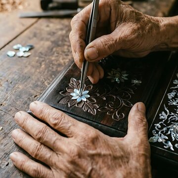 a person is using tweezers to meticulously place tiny pieces of mother-of-pearl onto an object for inlay work (khảm x&agrave; cừ).	
