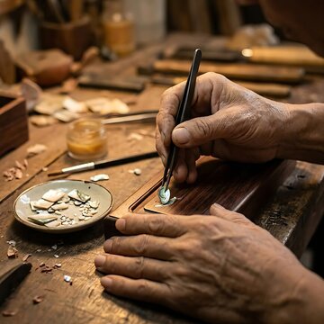 a person is using tweezers to meticulously place tiny pieces of mother-of-pearl onto an object for inlay work (khảm x&agrave; cừ).	

