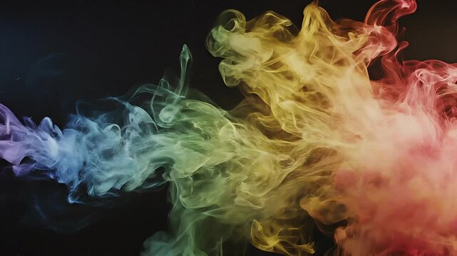 Colorful swirling smoke cloud with vibrant blue green yellow and red hues on black background