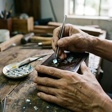 a person is using tweezers to meticulously place tiny pieces of mother-of-pearl onto an object for inlay work (khảm x&agrave; cừ).	

