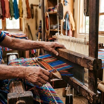 hands weaving fabric on a wooden loom with colorful threads, handmade, weaving, crafting, DIY, artisan, handmade process, loom,