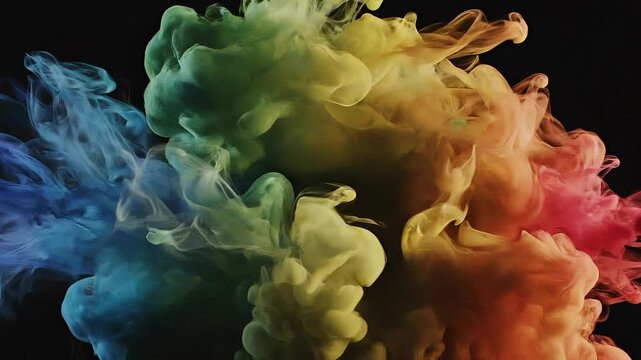 Colorful smoke cloud swirling in vibrant blue green yellow orange and red hues on black background