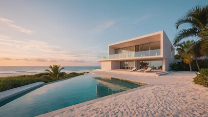 Fototapeta premium Luxury modern beachfront villa with infinity pool and ocean view at sunset