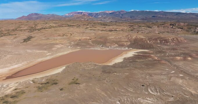 4K video; Slow panning drone flight over barren, arid landscape with lakes and mountains in Patagonia, Argentina