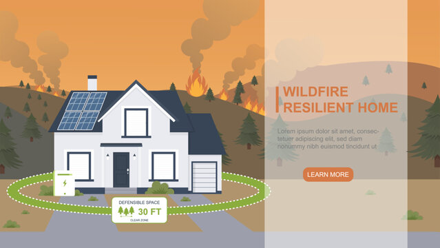 Horizontal banner with wildfire resilient home, solar panel and defensible space for fire safety, preparedness and property protection. Disaster preparedness concept. Flat design. Vector illustration