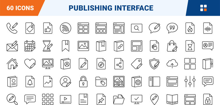 Media publishing line icon set. Vector pictograms of blog, editorial, article, and content elements, thin linear illustration.