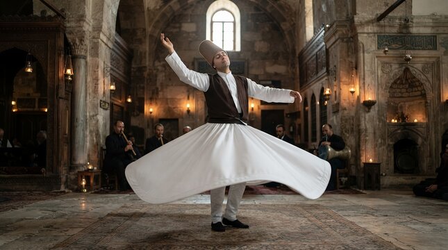 Whirling Dervish Performing Spiritual Dance Inside Historic Building.