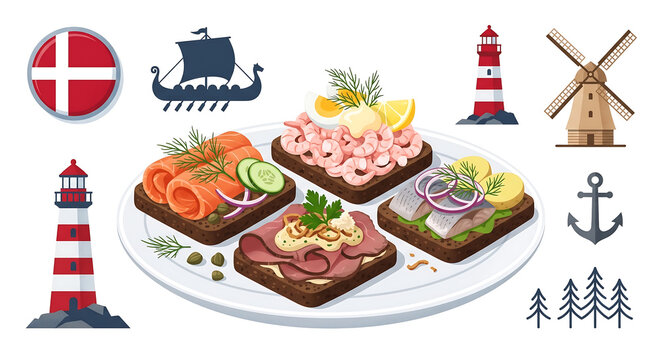 Denmark Sm&oslash;rrebr&oslash;d Food Collection with Danish Flag and Nordic Icons