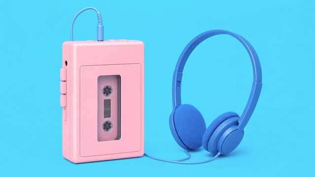 Pink Portable Cassette Tape Player with Blue Wired Headphones on Matching Background, Vintage Music Technology for Retro Minimalist Concepts