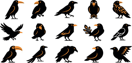 Naklejka premium Set of various crow and raven bird illustrations in a vintage woodcut or linocut style