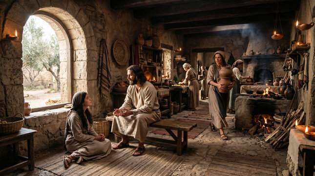 The contrasting sisters Mary and Martha. Martha anxiously preparing food while Mary sits peacefully at the feet of Jesus listening