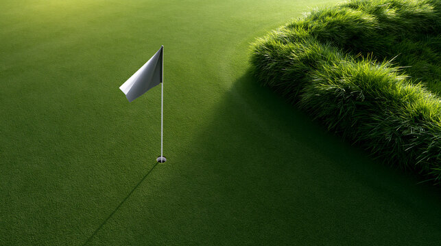 Golf green flag hole grass putting green top view minimalist shadow on manicured course turf with lush rough