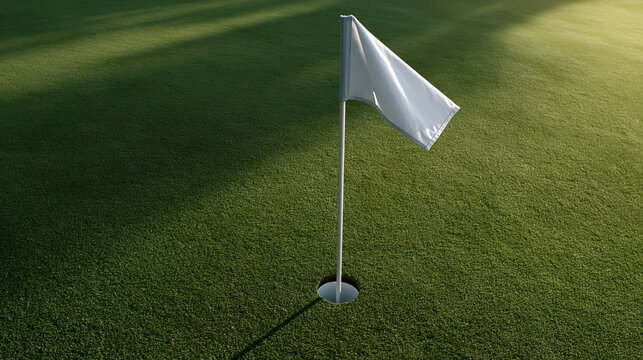 Golf green flag hole grass course putting white shadow minimalist golf green with flag and hole in soft sunlight