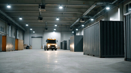 Fototapeta premium Shipping container warehouse truck logistics cargo freight industrial storage loading area with wide cinematic view, modern global trade facility