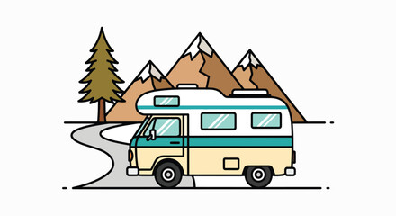 Obraz premium Camper Van Adventure: A vintage camper van embarks on a scenic journey along a winding road, surrounded by majestic mountains and lush pine trees.