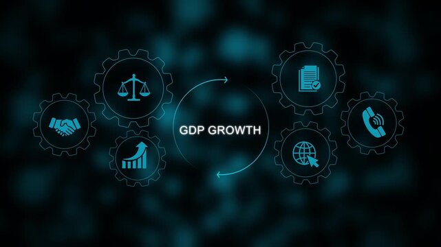 Gdp growth concept with animated business and rotating gear mechanism for financial analysis and economic strategy presentations