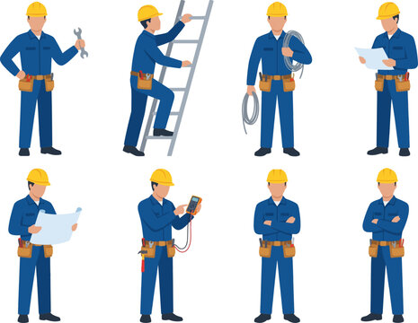 Set of professional electrician workers in blue uniform with various tools