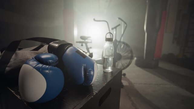 Boxing gloves and water bottle resting on wooden box in empty gym, camera slowly zooming in. Footage is ideal for fitness center promotions and sports gear marketing campaigns