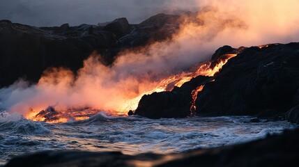 Fototapeta premium Lava entering ocean creating black rock with steam, sunset glow, wide depth seascape, geology and nature aesthetic