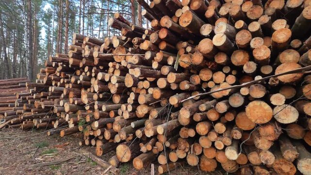 Large stack of freshly cut pine tree logs in forest, showing raw wood texture and concentric rings; forestry industry material awaiting transport and processing after felling operation