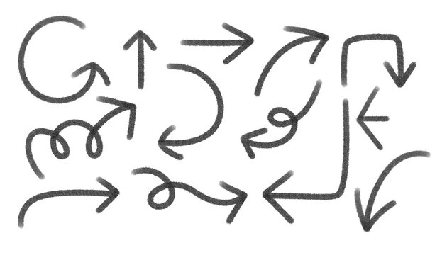 Hand drawn crayon arrows set, textured graphic elements. Includes curved, straight, looping, and squiggly arrows in black color. Transparent background.	
