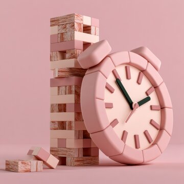 A chunky clock stands next to a rapidly stacked module tower in soft clay. The blush theme highlights the playful design at a creative workspace.