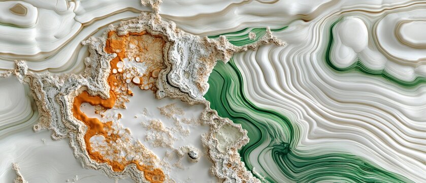 A textured abstract with layered white, orange, and green flowing lines, a geological wonder