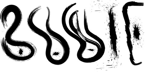Fototapeta premium Abstract black ink brush strokes forming organic shapes on a plain surface area