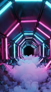 Futuristic neon tunnel with swirling smoke and glowing lights