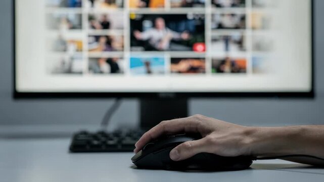 Focused view of a moderators hands using a mouse over a livestream content queue dashboard the main flagged stream thumbnail sharp while the rest fade into soft blur.